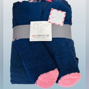 Liz Claiborne Women’s Four-Piece Sleep Set: Shirt Pant Socks & Blanket: 50”x 60”